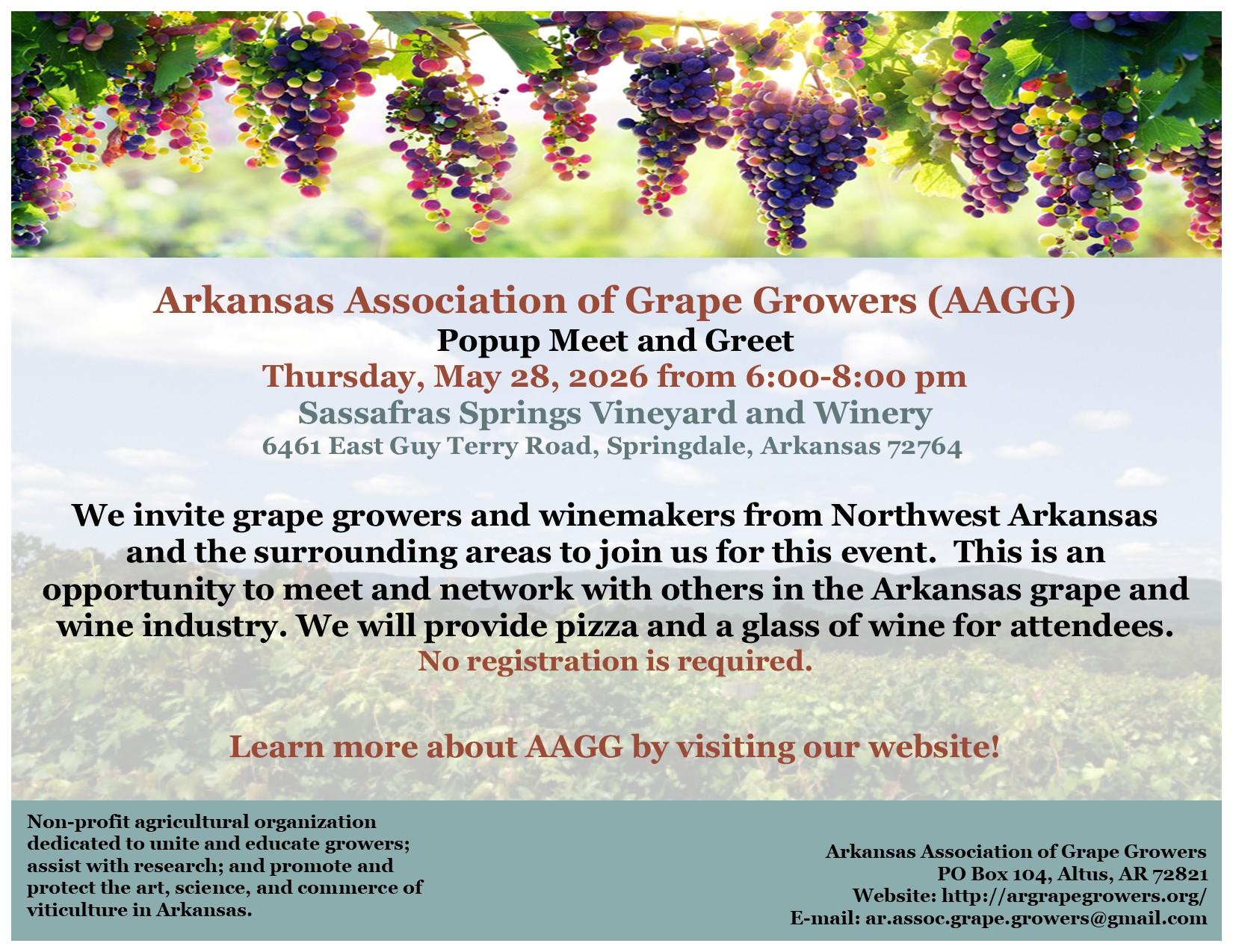 2026 AAGG Popup Event Sassafras May 28 - Sassafras Springs Vineyard & Winery Poster-style flyer for Arkansas Association of Grape Growers (AAGG) announcing a Popup Meet and Greet on Thursday, May 28, 2026 from 6:00–8:00 pm at Sassafras Springs Vineyard and Winery, 6461 East Guy Terry Road, Springdale, AR 72764; invites NW Arkansas grape growers and winemakers; no registration required.