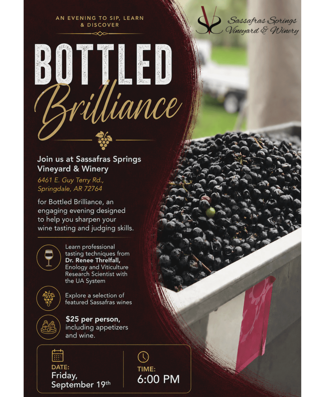 Bottled Brilliance wine-tasting event poster for Sassafras Springs Vineyard & Winery, Sept 19, 6:00 PM, $25 per person (includes appetizers and wine).